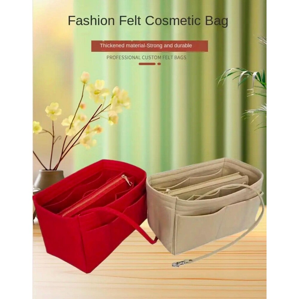 Felt Handbag Organizer Insert, 12 Pockets, Drawstring Zipper Pouch
